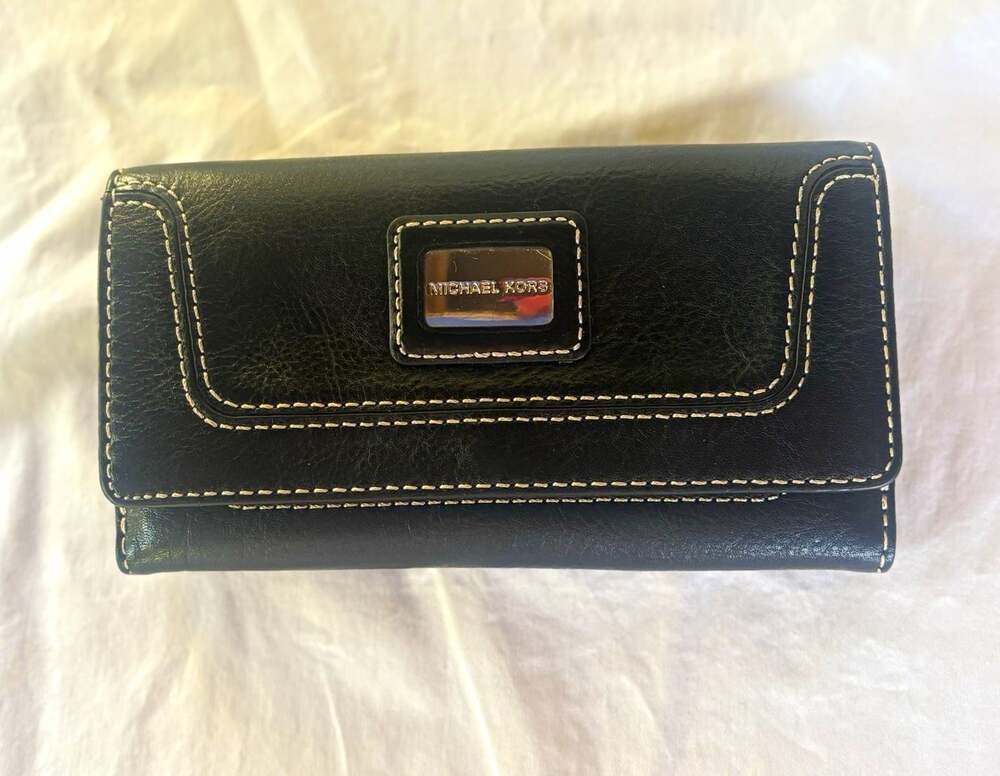 Michael Kors Women’s Black Leather Snap Wallet w/ Zip Coin Pocket, ID